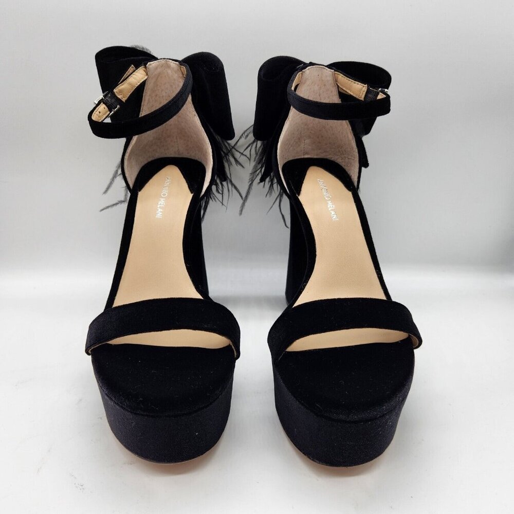 Antonio Melani Platform Sandals Size 7.5 Black Velvet feathers Rhinestone 663 - Picture 6 of 14